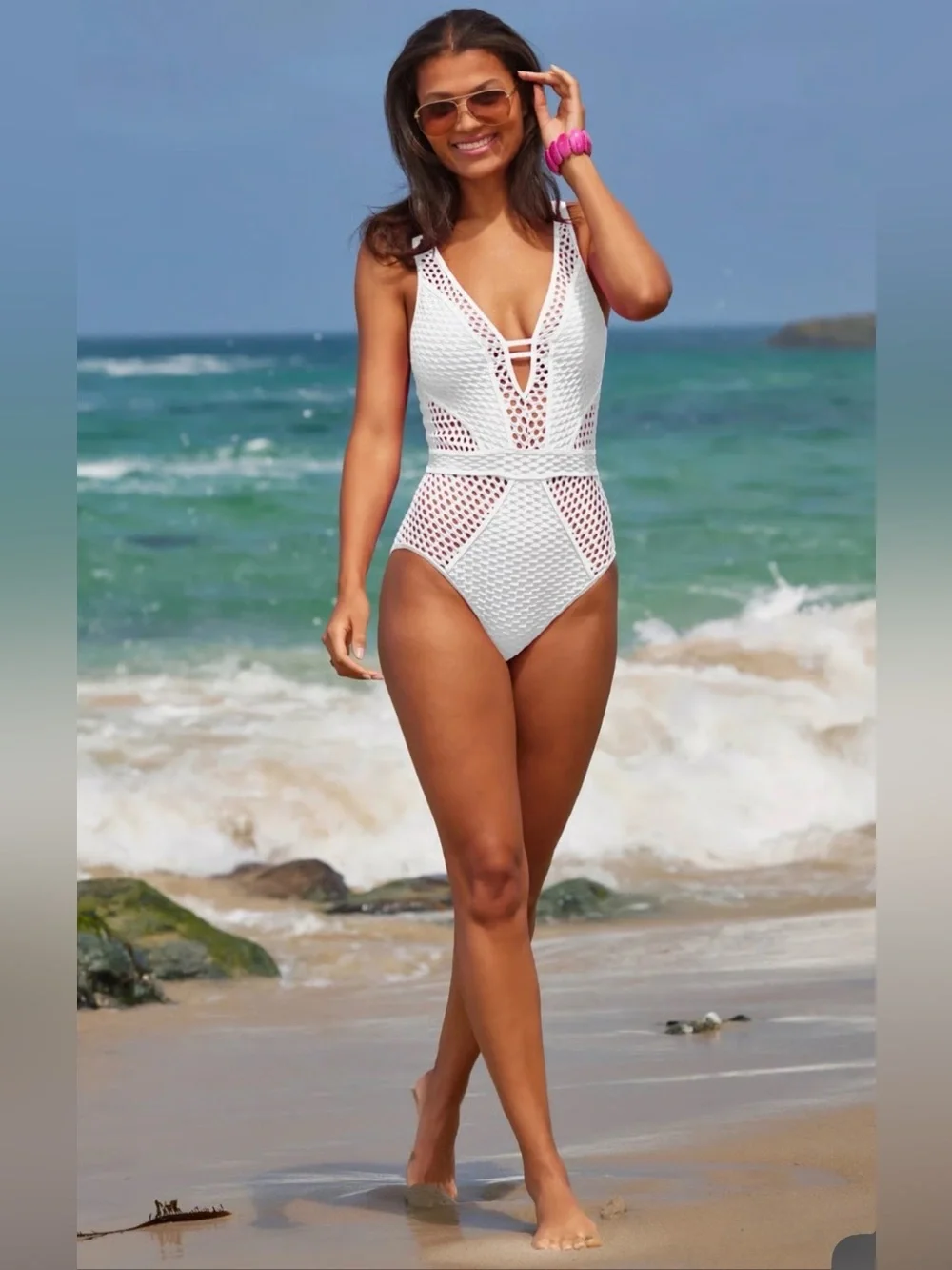 BECCA White Textured Mesh-Inset One-Piece Swimsuit